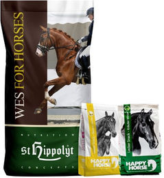 Produktbild von St. Hippolyt WES for Horses Power Crunch Aufbaufutter für Pferde 25 kg und Lobs Belohnungswürfel 2 kg