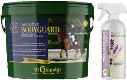 Produktbild von St. Hippolyt WES for Horses Sensitive Bodyguard + Relax Biocare Mückenmilch Fliegenspray und Fellspray für Pferde 1000 ml