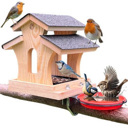 STAFECO Vogelfutterhaus aus Holz mit Balkonhalterung und Schälchen für Wasser und Futter, wetterfest und imprägniert, Natur Braun – Bild 1 von 7