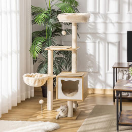 StarTech Katzenkratzbaum Armeegrün mit 5 Ebenen, Sisal-Kratzstämmen, Hängematte und Korb sowie abnehmbaren Kissen, 126 cm Höhe – Bild 1 von 1