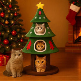 StarTech Kratzbaum CAT TREE-A im Weihnachtsbaum-Design aus Holz mit 2 Ebenen, Katzenhaus, Kratzsäulen und Spielball in Grün – Bild 1 von 1