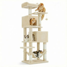 StarTech Kratzbaum für Wohnungskatzen in Beige mit 5 Ebenen, Katzenhaus, Hängematte und Spielbällen, 165 cm hoch – Bild 1 von 2