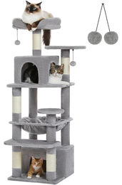 StarTech Kratzbaum für Wohnungskatzen in Grau mit 6 Ebenen, 2 Höhlen, Hängematte und Sisalsäulen, 136 cm – Bild 1 von 3