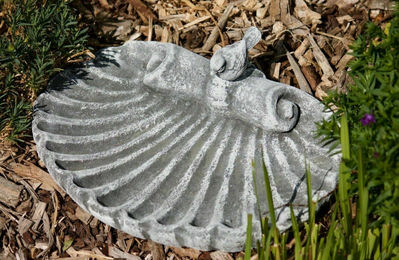 Stone and Style Vogeltränke Muschel mit Vogel aus Steinguss grau 35 cm – Bild 1 von 4