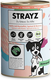 Produktbild von STRAYZ Bio Hundefutter Adult Lachs mit Kartoffel Spinat und Beeren Stückchen in Sauce 6 x 400 g ohne Zucker - 6 x 400 g