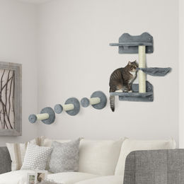 SUGIFT Katzen Kletterwand Set wandmontiert 4-teilig mit Kletterstufen Kratzbaum und Hängematte aus Plüsch und Sisal in Grau – Bild 1 von 1
