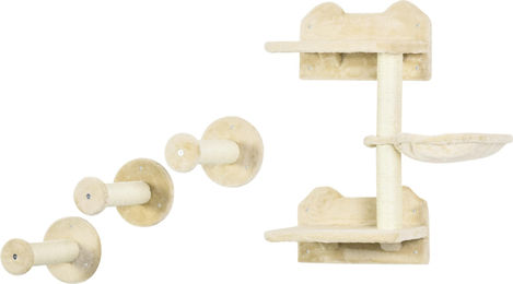 SUGIFT Katzen Kratzbaum Set Wandmontiert mit Kletterstufen und Hängematte aus Plüsch und Sisal in Beige und Cremeweiß – Bild 1 von 2