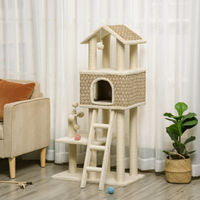 Produktbild von SUGIFT Katzenbaum mit 3 Ebenen, Katzenhöhle und Leiter aus Plüsch, Sisal und Seegras, Khaki-Beige-Kaffee, 69 x 40 x 131 cm