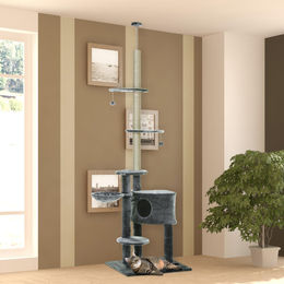SUGIFT Katzenkratzbaum deckenhoch mit Sisalstämmen und Plüsch in Dunkelgrau für 2–3 Katzen mit 55 x 45 cm Standfläche – Bild 1 von 2