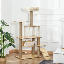 SUGIFT Katzenkratzbaum mit Katzenhöhle und Hängematte aus Plüsch und Jute Gelb 130 cm – Bild 1 von 1