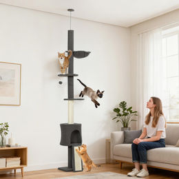 SUGIFT Kratzbaum Dunkelgrau 5-in-1 mit Höhle Hängematte und Rampe für 1-2 Katzen deckenhoch 220-240 cm mit Wandbefestigung – Bild 1 von 1