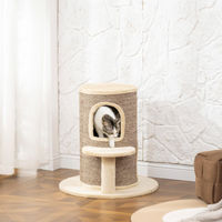 Produktbild von SUGIFT Kratzbaum Fass-Design mit Sprungplattform und Kratztonne 2 Ebenen aus Sisal und Plüsch in Beige-Braun 60 x 60 x 61 cm