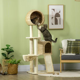 SUGIFT Kratzbaum für Katzen mit Katzenhaus, Hängematte und Kratzmatte in Beige aus Sisal und Plüsch 60 x 60 x 150 cm – Bild 1 von 1
