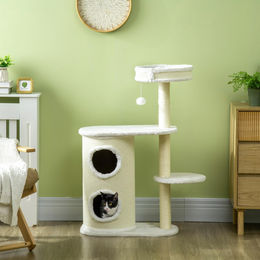 SUGIFT Kratzbaum für Katzen mit Kratztonne und Katzenbett aus Plüsch und Sisal in Cremeweiß 59 x 35 x 100 cm – Bild 1 von 2