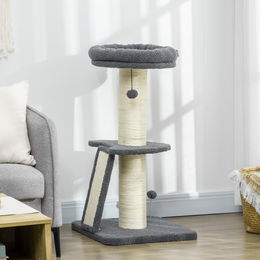 SUGIFT Kratzbaum für Katzen mit Plattform, Hängespielball und Sisalpfosten in Dunkelgrau/Cremeweiß mit Lammfell-Imitat – Bild 1 von 1