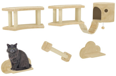 SUGIFT Kratzsäule zur Wand- und Deckenmontage mit Kletterregalen aus Plüsch und Sisal in Beige – Bild 1 von 2