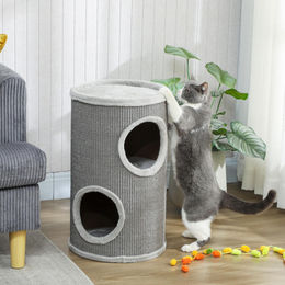 SUGIFT Kratztonne für Katzen zweistöckig mit 2 Höhlen aus Sisal und Plüsch in Grau 35 x 60 cm – Bild 1 von 2