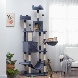 SUGIFT XXL Kratzbaum für Katzen in Dunkelgrau mit 2 Höhlen, Hängematten und Sisalstämmen, 206 cm hoch – Bild 1 von 2