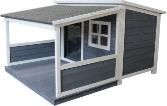 SunnyDogs Holz-Hundehütte mit Pultdach und Terrasse wetterfest grau-weiß lasiert – Bild 1 von 1