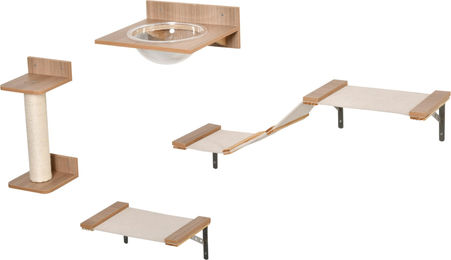 Sunvello Katzen Kletterwand Set 4-teilig Braun mit Kratzbaum Hängematte und Sprungplattform für Katzen bis 5 kg – Bild 1 von 1