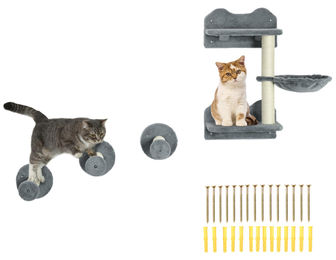 Sunvello Kratzbaum Set für Katzen mit Kletterstufen, Kletterwand und Hängematte, 4-teilig, grau und cremeweiß, 40 x 28 x 73 cm – Bild 1 von 2