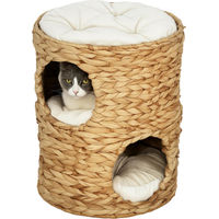Produktbild von Sunvello Kratztonne aus Wasserhyazinthe mit 2 Höhlen und Kissen für Katzen, 50 cm, Hellbraun
