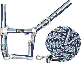 Produktbild von Supreme Halfter und Leine Set für Pferde aus Nylon-Strick mit Leder in Blau