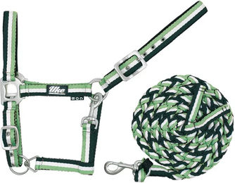 Produktbild von Supreme Halfter und Leine Set für Pferde aus Nylon-Strick mit Leder in Grün