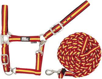 Produktbild von Supreme Halfter und Strick Set für Ponys aus Nylon mit Leder und Leine in Rot oder Bunt