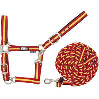 Produktbild von Supreme Halfter und Strick Set für Ponys aus Nylon mit Leder und Leine in Rot oder Bunt