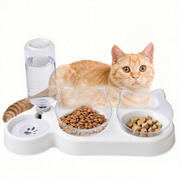 SURFOU 3-in-1 Napf-Set für Katzen mit Wasserspender und erhöhtem Futternapf aus Kunststoff in Weiß – Bild 1 von 2