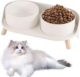 Produktbild von SURFOU Doppel-Napfset aus Keramik mit Ständer für Hunde und Katzen Weiß 2x 300ml Erhöhter Futternapf für mittlere Tiere - 2 x 850 ml