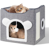 Produktbild von SURFOU Katzenhaus und Hundehöhle mit Kratzbrett, faltbares Katzenbett aus Baumwolle in Grau, 39x39x38cm