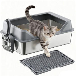 SURFOU Katzentoilette aus Edelstahl mit Katzenstreumatte 50 x 35 x 20cm Silber Grau – Bild 1 von 4