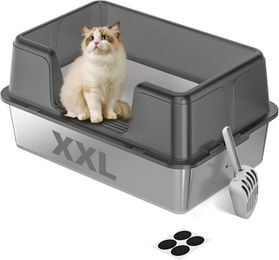 SURFOU Katzentoilette Edelstahl XXL Halb-Offen Grau mit Sieb und Anti-Rutsch-Matte für Katzen – Bild 1 von 4