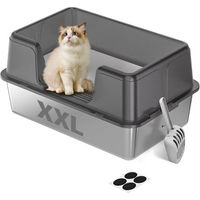 Produktbild von SURFOU Katzentoilette Edelstahl XXL Halb-Offen Grau mit Sieb und Anti-Rutsch-Matte für Katzen