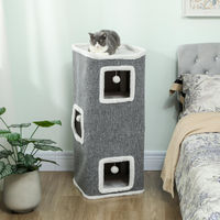 Produktbild von Sweiko Kratzbaum für Katzen, 4-stufiger Katzenturm mit 3 Höhlen und Spielbällen, Grau, Spanplatte
