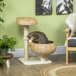 Sweiko Kratzbaum für Katzen mit zwei Katzenbetten und Spielball in Beige und Cremeweiß 48 x 48 x 72cm – Bild 1 von 2