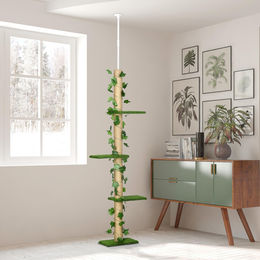 Sweiko Kratzbaum mit Deckenspanner höhenverstellbar 202-242 cm in Grün/Gelb aus Spanplatte – Bild 1 von 2