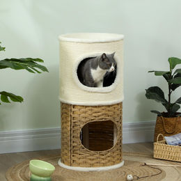 Sweiko Kratztonne für Katzen dreistöckig mit Katzenhöhle und Plüschrand Cremeweiß 80 cm hoch Ø 40 cm – Bild 1 von 3