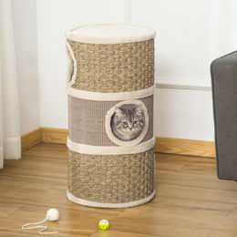 Sweiko Kratztonne für Katzen mit 3 Etagen aus Plüsch und Sisal in Khaki und Kaffee, 70 cm hoch und Ø 37,5 cm – Bild 1 von 3