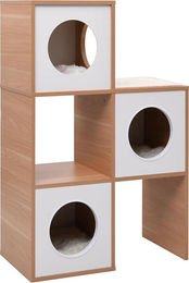 Syfax Kratzbaum für Katzen aus Holz und Plüsch mit Sisal-Kratzmatte in Braun und Weiß, 100 cm hoch – Bild 1 von 2