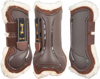Produktbild von T de T Gamaschen für Pferde vorne offen aus Neopren mit Kunstfell in Braun Größe L
