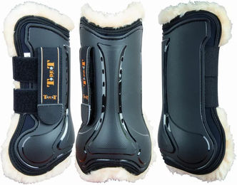 Produktbild von T de T Gamaschen für Pferde vorne offen aus Neopren mit Kunstfell in Schwarz Größe L