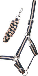 T de T Pferdehalfter mit Longe und Führstrick aus Kunstleder Marine/Beige – Bild 1 von 2