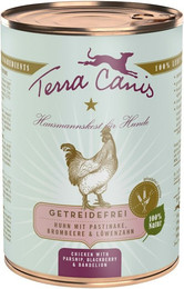 Produktbild von Terra Canis Getreidefrei 400g Dose Hundenassfutter Sparpaket 12 x 400 Gramm Huhn mit Pastinaken, Brombeeren & Löwenzahn