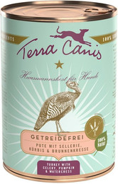 Produktbild von Terra Canis Getreidefrei 400g Dose Hundenassfutter Sparpaket 12 x 400 Gramm Pute mit Sellerie, Kürbis & Brunnenkresse