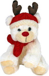Produktbild von Tierkuscheltier Teddy mit Mütze und Schal in weiß mit Rentierohren