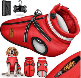 Produktbild von TRESKO Hundejacke Winter mit Reflektoren inkl. 15 Stück Kotbeutel, + Spender Hunderegenmantel wasserdicht Hundemantel mit Geschirr Weste