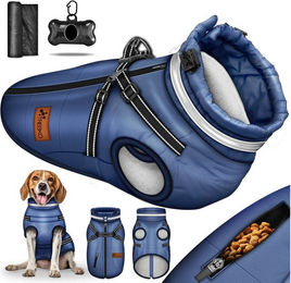 Produktbild von TRESKO Hundejacke Winter mit Reflektoren inkl. 15 Stück Kotbeutel, + Spender Hunderegenmantel wasserdicht Hundemantel mit Geschirr Weste